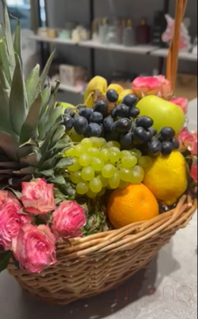 Deluxe Fruit Basket With Floral Decor Fruit Basket