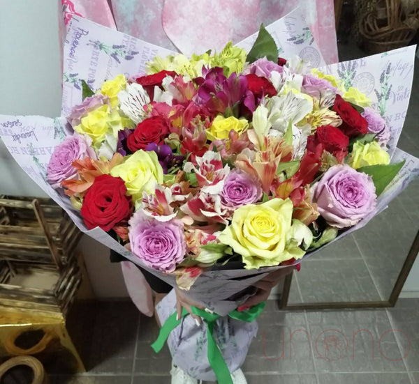 Gorgeous Roses and Multicolored Alstroemerias Bouquet | Ukraine Gift Delivery.