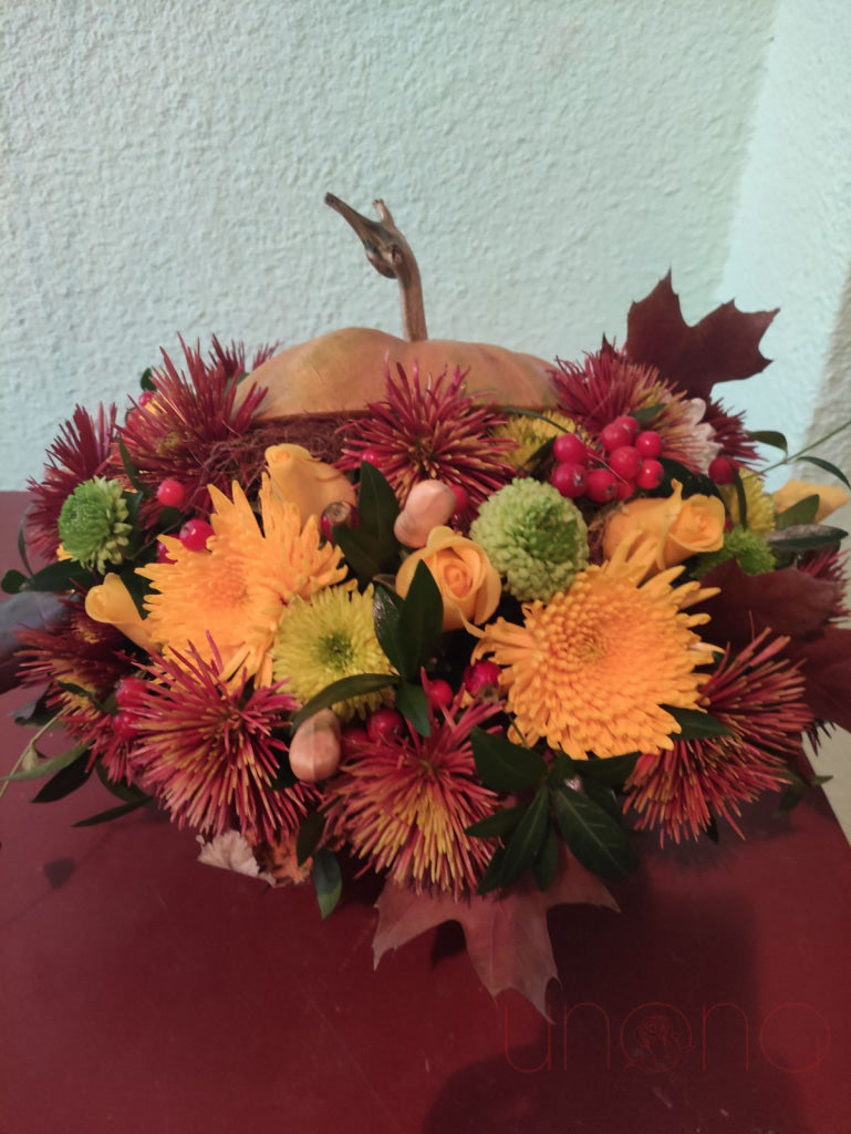 Luxury Pumpkin Arrangement Deluxe - More Greens And Fuller Flowers