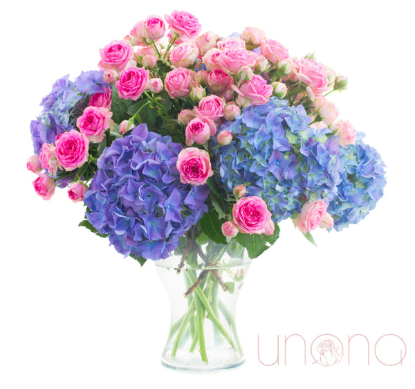 Pink In Blue Hydrangea Arrangement Flowers