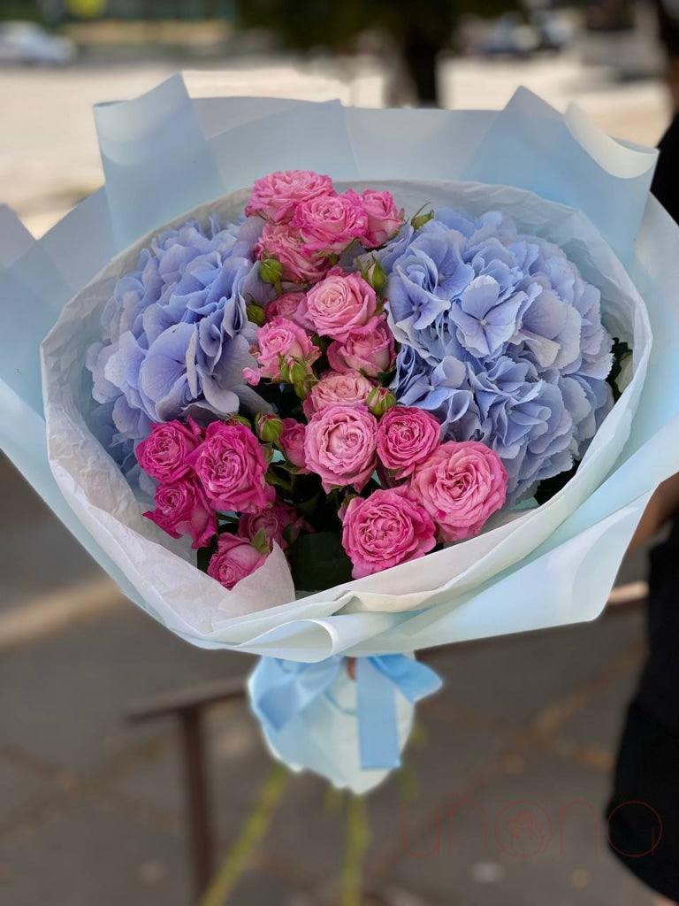 Pink In Blue Hydrangea Arrangement Flowers