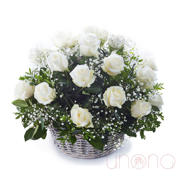 Roses And Babybreath Flower Basket Flowers